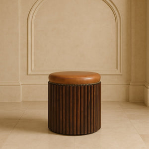 English Elm Artisan Handcrafted Mango Wood Ribbed Leather Stool Earthy Organic Living Room Accent B182P441497