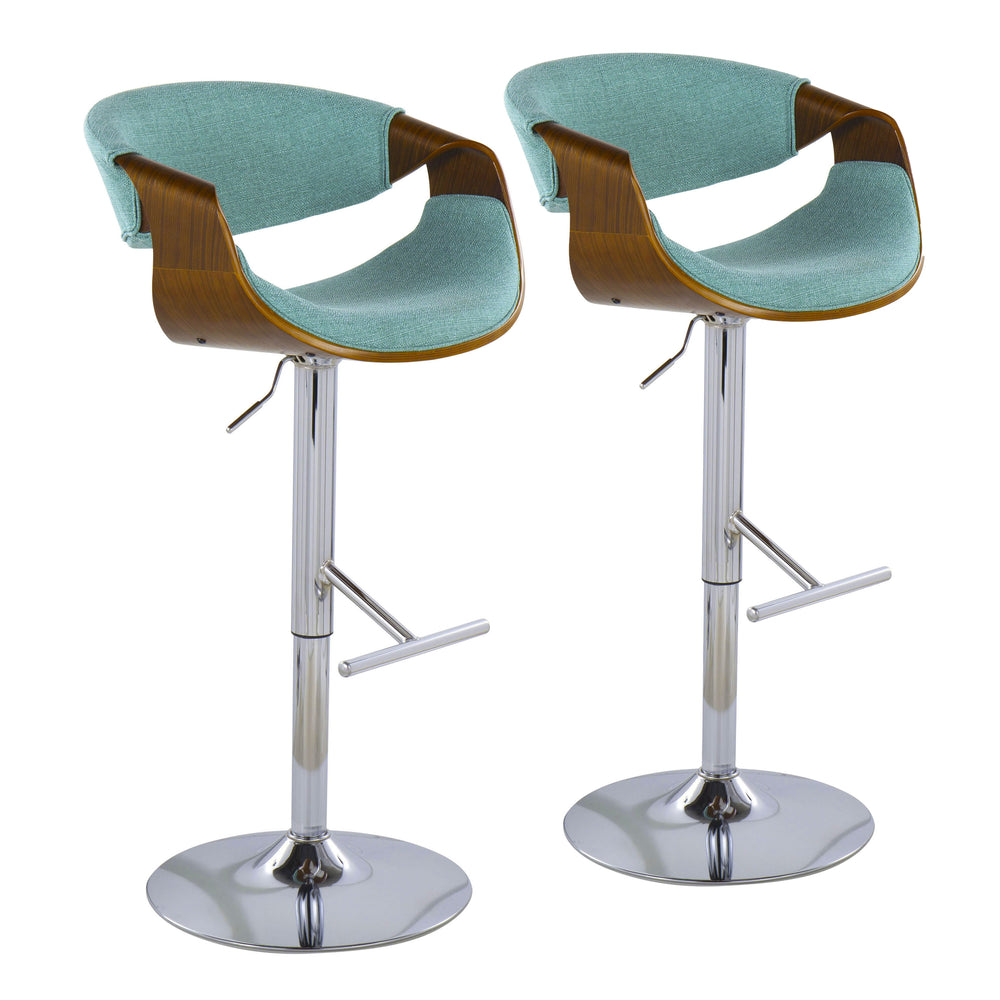 English Elm Curvo Mid-Century Barstool Set of 2 in Teal — Adjustable Swivel, Walnut Arms, Chrome Footrest, Retro Chic B202S00792