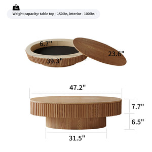English Elm 47'' Oval Storage Coffee Table Fluted Wood Veneer Lift Lid Sculptural Living Room Accent Natural Wood W1435P293222