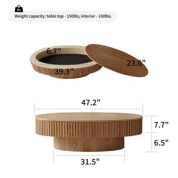 English Elm 47'' Oval Storage Coffee Table Fluted Wood Veneer Lift Lid Sculptural Living Room Accent Natural Wood W1435P293222
