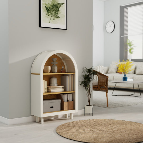 English Elm Arched Three Tier Bookshelf White Frame Woodgrain Shelves Modern Storage for Any Room W2557P428368