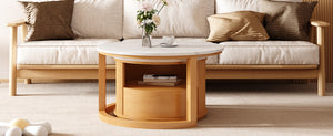 English Elm Round Nesting Coffee Table with Marble-Style White Top, 2-Tier Storage & Drawer, Natural Wood Finish—Space-Saving Modern Design for Small Living Rooms (28.5") N735P305621N