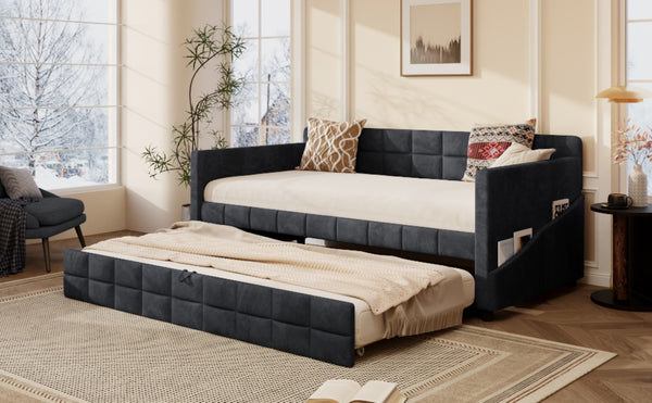 English Elm Modern Velvet Twin Daybed with Pull Out Trundle and Built in Armrest Storage Pockets Black SF000200AAB