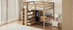 English Elm Wood Full Size Loft Bed with Built-In Desk, Wardrobe, Shelves & Drawers for Space-Saving Rooms Walnut GX000466AAD