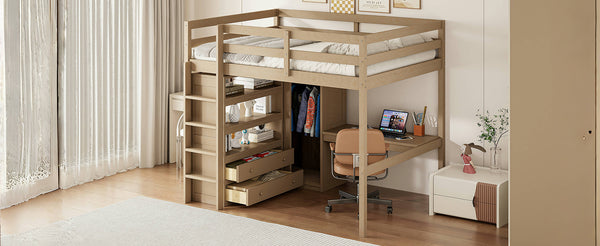 English Elm Wood Full Size Loft Bed with Built-In Desk, Wardrobe, Shelves & Drawers for Space-Saving Rooms Walnut GX000466AAD