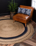 Unique Loom Braided Jute Gujarat Hand Woven Border Rug Natural and Navy Blue, Navy Blue 8' 0" x 8' 0"