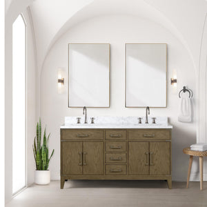 English Elm Grey Oak Double Bath Vanity With Elegant Carrara Marble Top For Modern Bathroom Storage Solutions B2731P259853