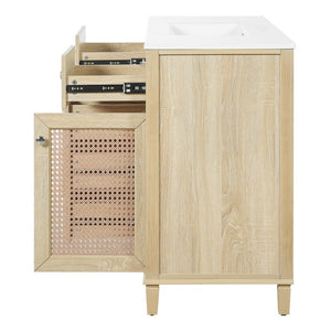 English Elm 48-inch Rattan Bathroom Vanity Solid Wood Frame Five Drawers Ceramic Sink Coastal Boho N765P38884950E
