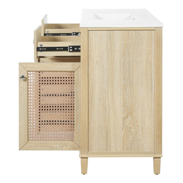 English Elm 48-inch Rattan Bathroom Vanity Solid Wood Frame Five Drawers Ceramic Sink Coastal Boho N765P38884950E