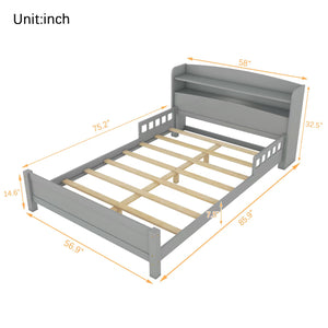 English Elm Full Pine Wood Bed with Bookcase Headboard and LED Motion Sensor Light, Guardrails & Storage Space Grey W504P277598