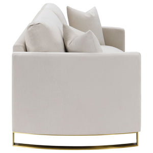 English Elm Rufo Beige Fabric Loveseat with Gold Steel Legs Arched Arms and Feather Cushions B062P357784