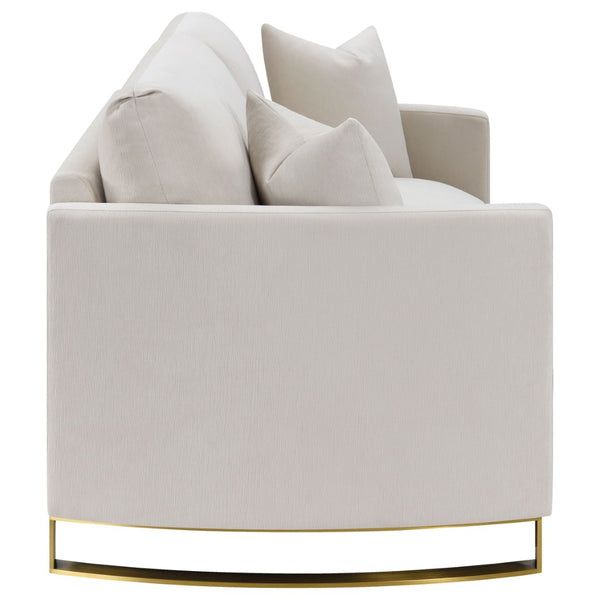 English Elm Rufo Beige Fabric Loveseat with Gold Steel Legs Arched Arms and Feather Cushions B062P357784