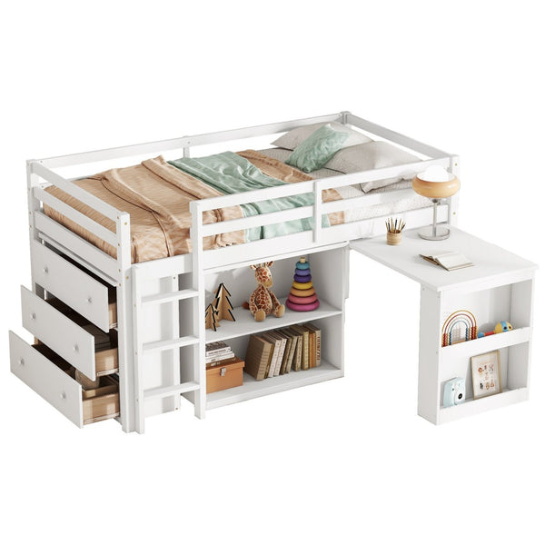 English Elm Twin Loft Bed With Storage Cabinets, Pull-Out Desk & Safety Guardrail - Modern Rubberwood Design W504S00202-GIGA