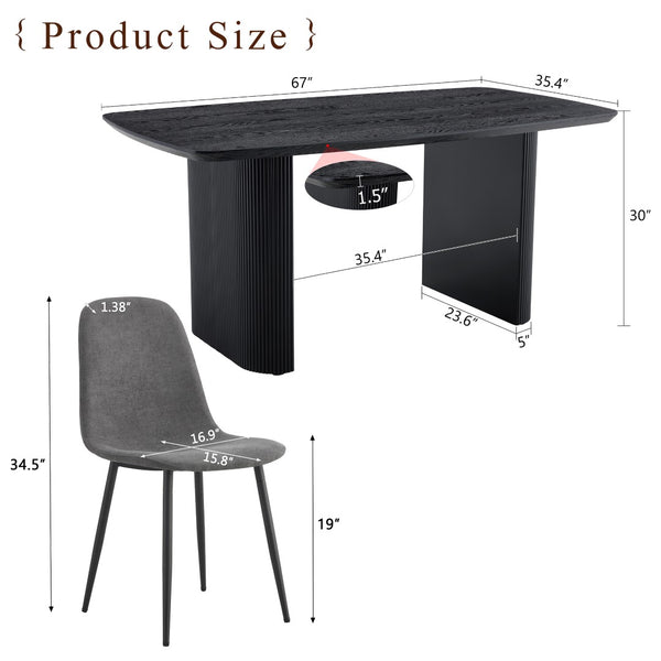 English Elm Table Set: Stylish 67" Black Wood Grain Mdf Dining Table With 6 Dark Gray Linen Chairs For Comfort W1151S04155-GIGA