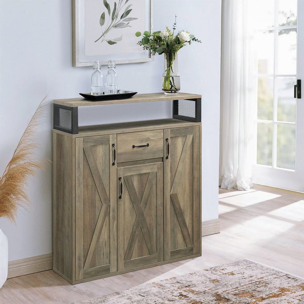 English Elm Rustic Oak Server Cabinet with 3 Barn Doors, Adjustable Shelves, Drawer & Top Shelf Storage for Dining Room (39.5"W) B062P185675