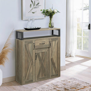 English Elm Rustic Oak Server Cabinet with 3 Barn Doors, Adjustable Shelves, Drawer & Top Shelf Storage for Dining Room (39.5"W) B062P185675