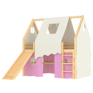 English Elm Full Size Pine Loft Bed with Slide Tent Panels Led Lights and Play Space Below W1580S00291