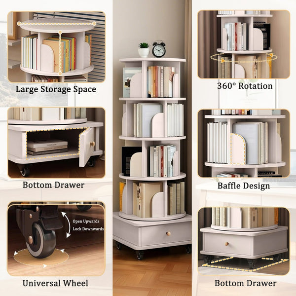 English Elm Rotating 5-Tier Corner Bookshelf With Drawer - Stylish White Storage Rack For Small Spaces & Homes W2641P329210-GIGA