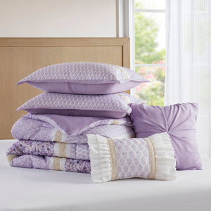 English Elm 5 PCS Seersucker Comforter Set Full/Queen with Lace Detail, Two Shams & Decorative Throw Pillows, Soft Microfiber Luxury B035P366534