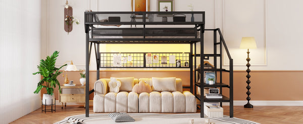 English Elm Queen Metal Loft Bed with Stair Storage Wardrobe Rgb Lighting for Teens Adults W2580S00052