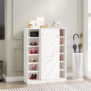 English Elm Marble 6-Tier Sliding Door Shoe Cabinet, Space-Saving Entry Storage for 30+ Pairs with Adjustable Shelves W1320P191410