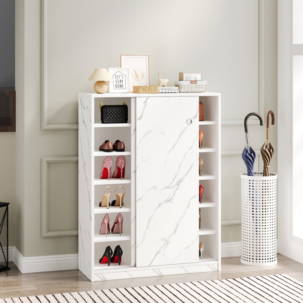 English Elm Marble 6-Tier Sliding Door Shoe Cabinet, Space-Saving Entry Storage for 30+ Pairs with Adjustable Shelves W1320P191410