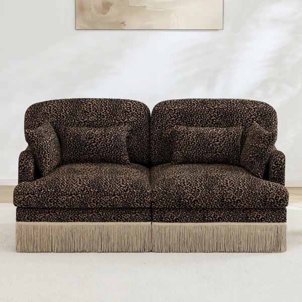 English Elm Comfy Chenille Leopard Print Loveseat with Tassel Trim Modular Sectional for Living Room Brown W5656S00010