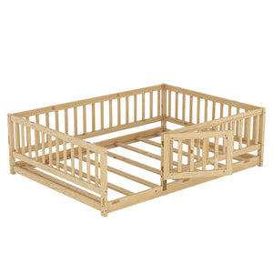 English Elm Full Montessori Floor Bed with Fence and Door, Natural Pine Slatted Full Size Bed, 300lb Capacity, Easy Assemble Oak W1820P369889