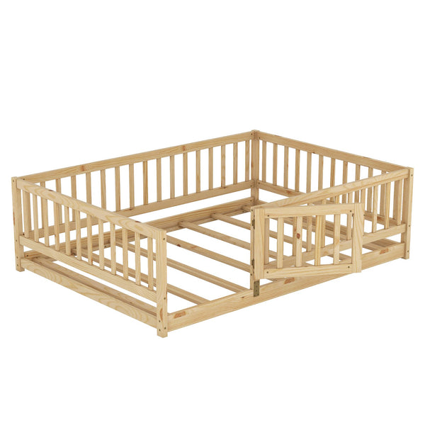 English Elm Full Montessori Floor Bed with Fence and Door, Natural Pine Slatted Full Size Bed, 300lb Capacity, Easy Assemble Oak W1820P369889