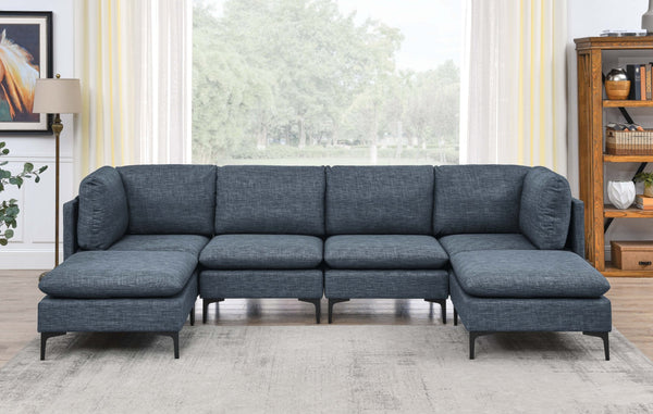 English Elm Linen Upholstered Modular Sectional Sofa with Tall Black Metal Legs for Open Living Dark Blue B2748S00124