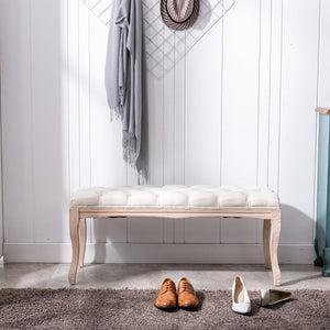 English Elm Bedroom Bench Tufted Linen Seat with Carved Distressed Wood Legs French Country Style Beige W3244P493647