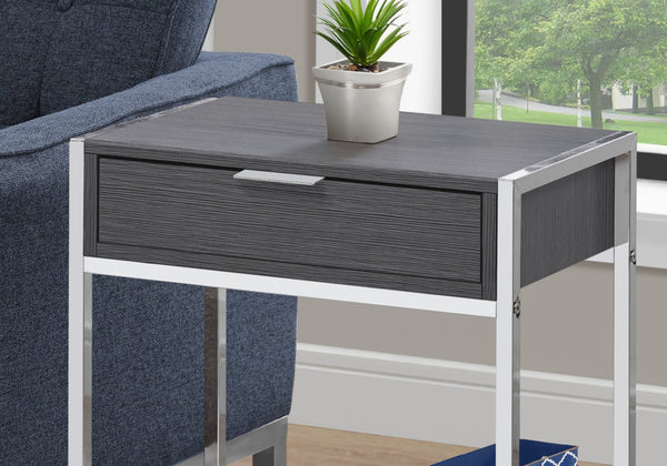English Elm Accent Table - Modern Grey Laminate & Chrome Metal With Storage Drawer For Living Room & Bedroom B2710P219307