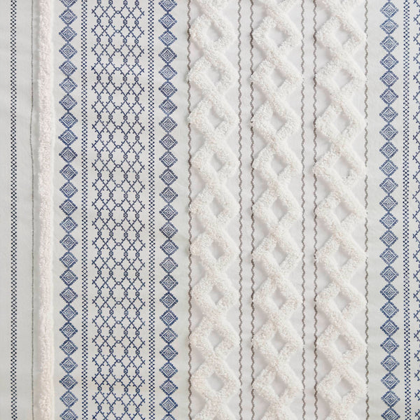 JLA Home INK+IVY - Cotton Imani Aztec Printed Shower Curtain with Chenille Stripe Trim — Boho Texture, OEKO‑TEX Certified Comfort White/Navy II70-1319