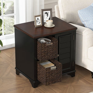 English Elm U Can Louvered End Table with Woven Grass Baskets Ottoman Legs Farmhouse Storage Black N724P401353B
