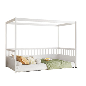 English Elm Twin Pine Canopy Bed Frame with Guardrails for Kids – Montessori Floor Bed with Four Poster Design and Cozy Decor Options White W1858P252838