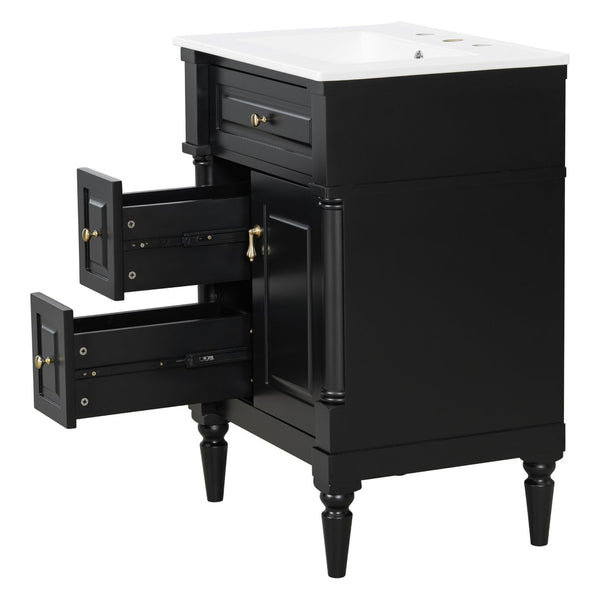 English Elm 24 Inch Freestanding Vanity with Ceramic Sink Rubberwood Frame Matte Finish Storage Black N725P356058B