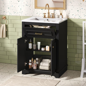 English Elm 24" Matte Single Sink Vanity Solid Poplar Frame Gold Hardware Soft Close Cabinet Black N710P389449B
