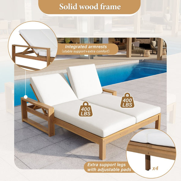English Elm Trexm Outdoor Acacia Wood Double Chaise Lounge with Adjustable Backrests and Cushions Light Teak TM000031AAD