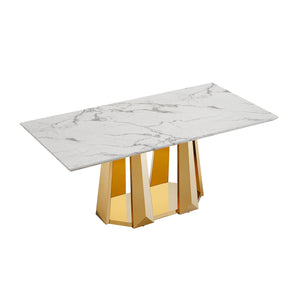 English Elm Marble Dining Table For 6-8, 70'' Rectangle Faux Marble Design With Elegant Gold Stainless Steel Base W3456S00011