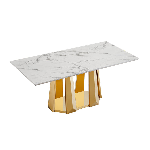 English Elm Marble Dining Table For 6-8, 70'' Rectangle Faux Marble Design With Elegant Gold Stainless Steel Base W3456S00011