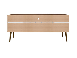 English Elm Bradley Rustic Brown And White 63" Tv Stand With Soft-Close Doors, Open Shelving, And Stylish Legs B365P398368