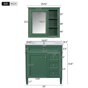 English Elm 30'' Bathroom Vanity Set With Mirror, Modern Freestanding Cabinet, Ceramic Sink & Ample Storage Space SW000127AAF-1