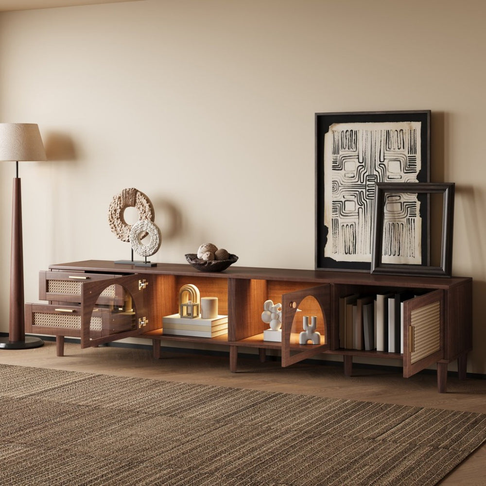 English Elm Rattan Door Media Console with Pine Legs Modern Farmhouse Tv Stand for Large Living Rooms N710P365042P