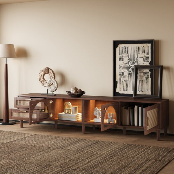 English Elm Rattan Door Media Console with Pine Legs Modern Farmhouse Tv Stand for Large Living Rooms N710P365042P