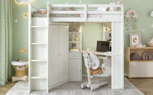 English Elm Twin Loft Bed with Wardrobe Desk Charging Station and Spotlights for Small Rooms Beige White LT000450AAK