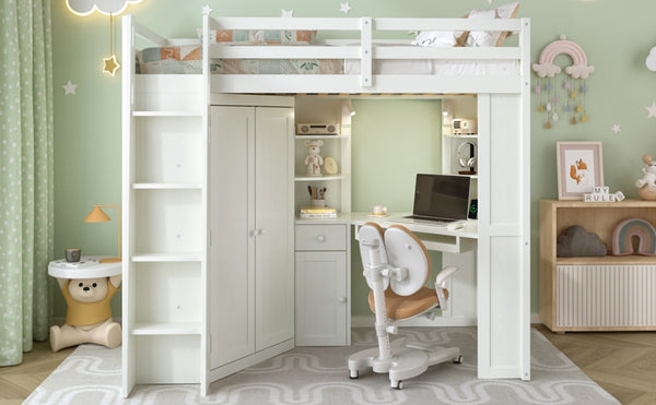 English Elm Twin Loft Bed with Wardrobe Desk Charging Station and Spotlights for Small Rooms Beige White LT000450AAK