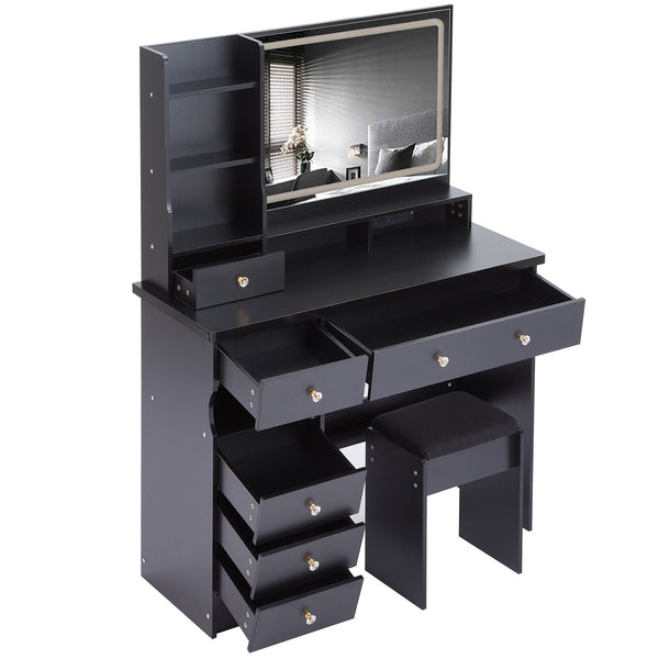 English Elm 41" Large Vanity Table Set With Cushioned Stool, Led Mirror, Power Station, And Stylish Design Features W936P230829