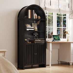 English Elm 71" Tall Farmhouse Bookshelf with Arched Top and Lower Cabinet, Rustic Slatted Doors, Sturdy Design Black T3771P371997