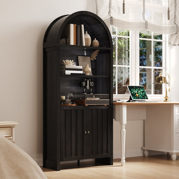 English Elm 71" Tall Farmhouse Bookshelf with Arched Top and Lower Cabinet, Rustic Slatted Doors, Sturdy Design Black T3771P371997