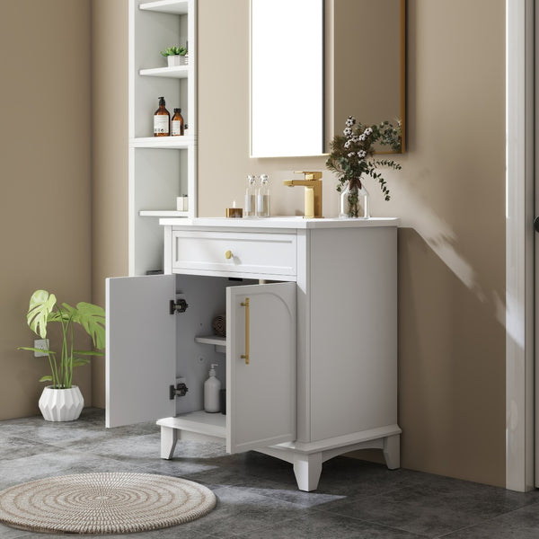 English Elm 27.8" Mid-century Freestanding Bathroom Vanity with Ceramic Sink Drawer and Wood Base White W1801S00004